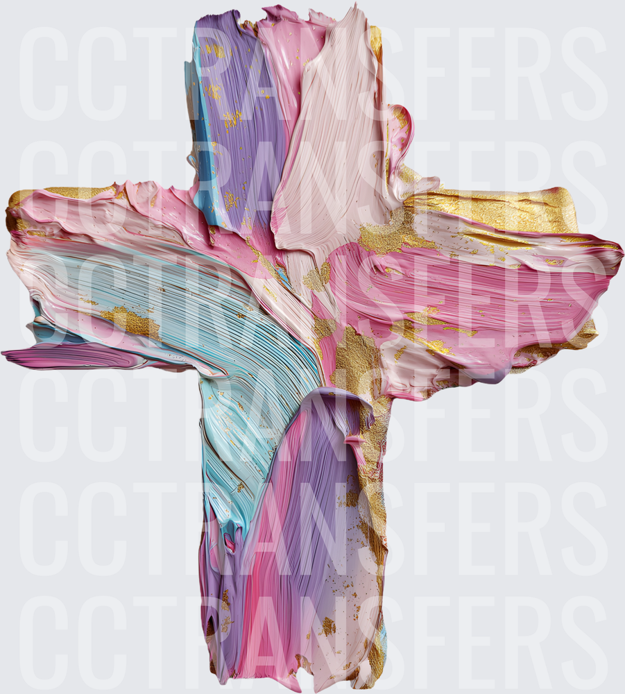 Pastel Pink Blue Purple Gold Brushstroke Christian Cross (DTF)