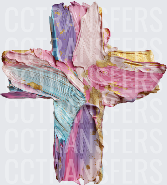 Pastel Pink Blue Purple Gold Brushstroke Christian Cross (DTF)