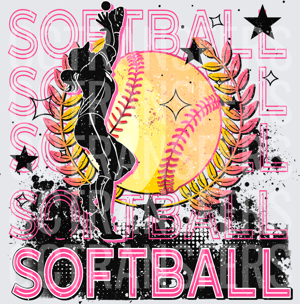 Softball Pitcher Silhouette Stacked Word Grunge Design (DTF)