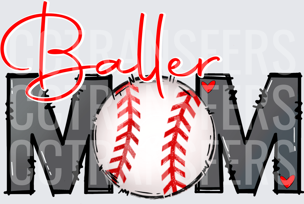 Baller Mom Baseball Graphic with Red Hearts (DTF)