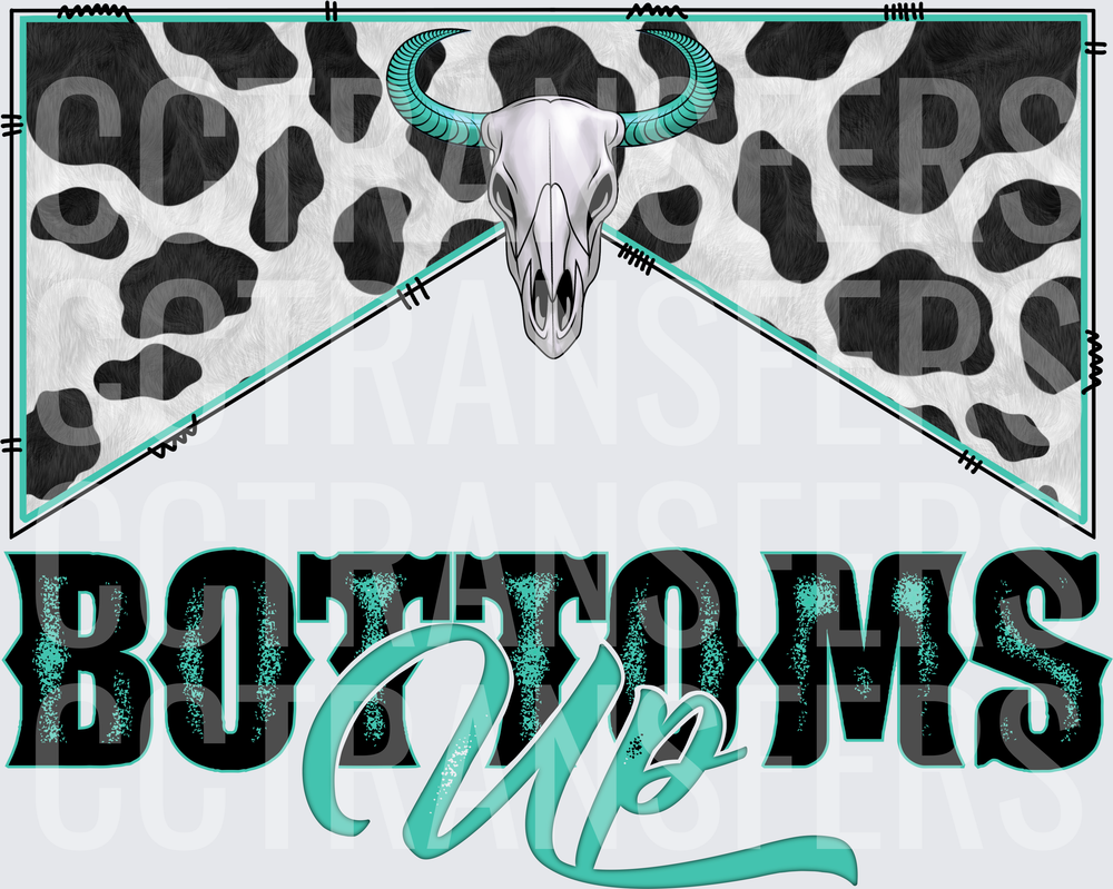 Bottoms Up Bull Skull Cow Print Teal Western (DTF)