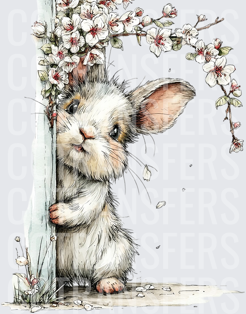 Cute Bunny Peeking Around Post with Cherry Blossoms (DTF)