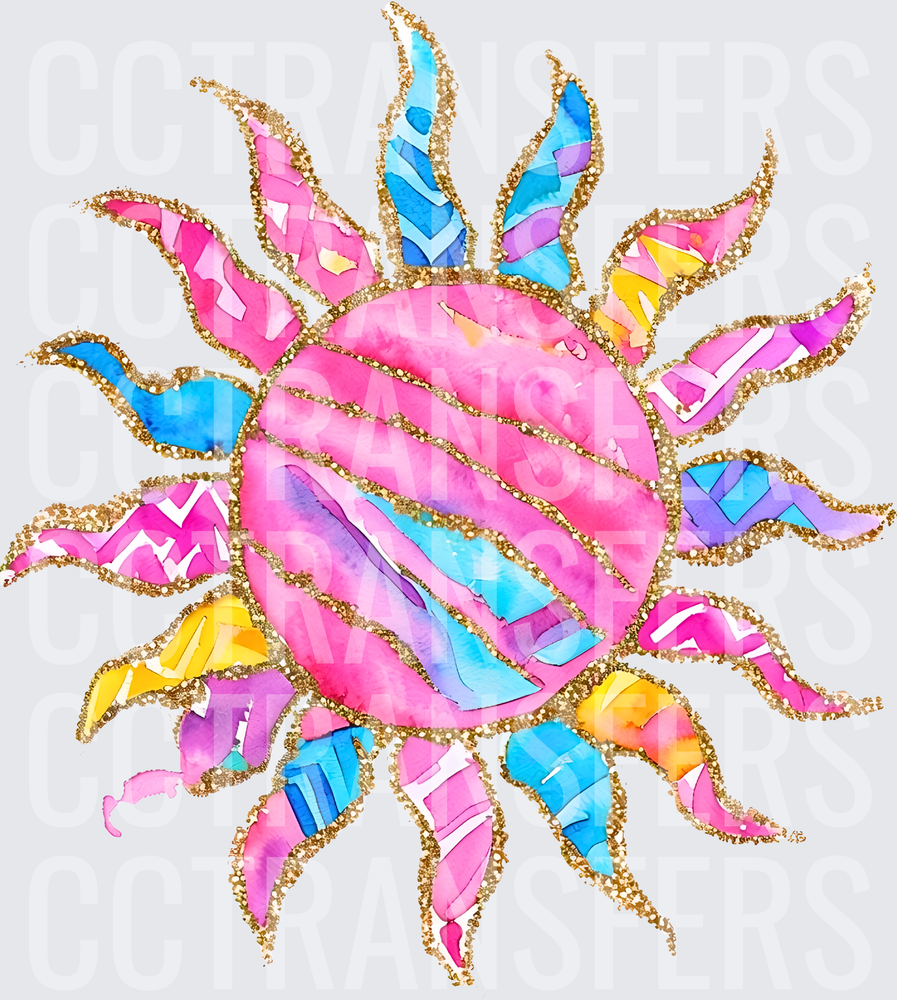 Boho Watercolor Sun Pink Blue Gold Glitter Rays (DTF)