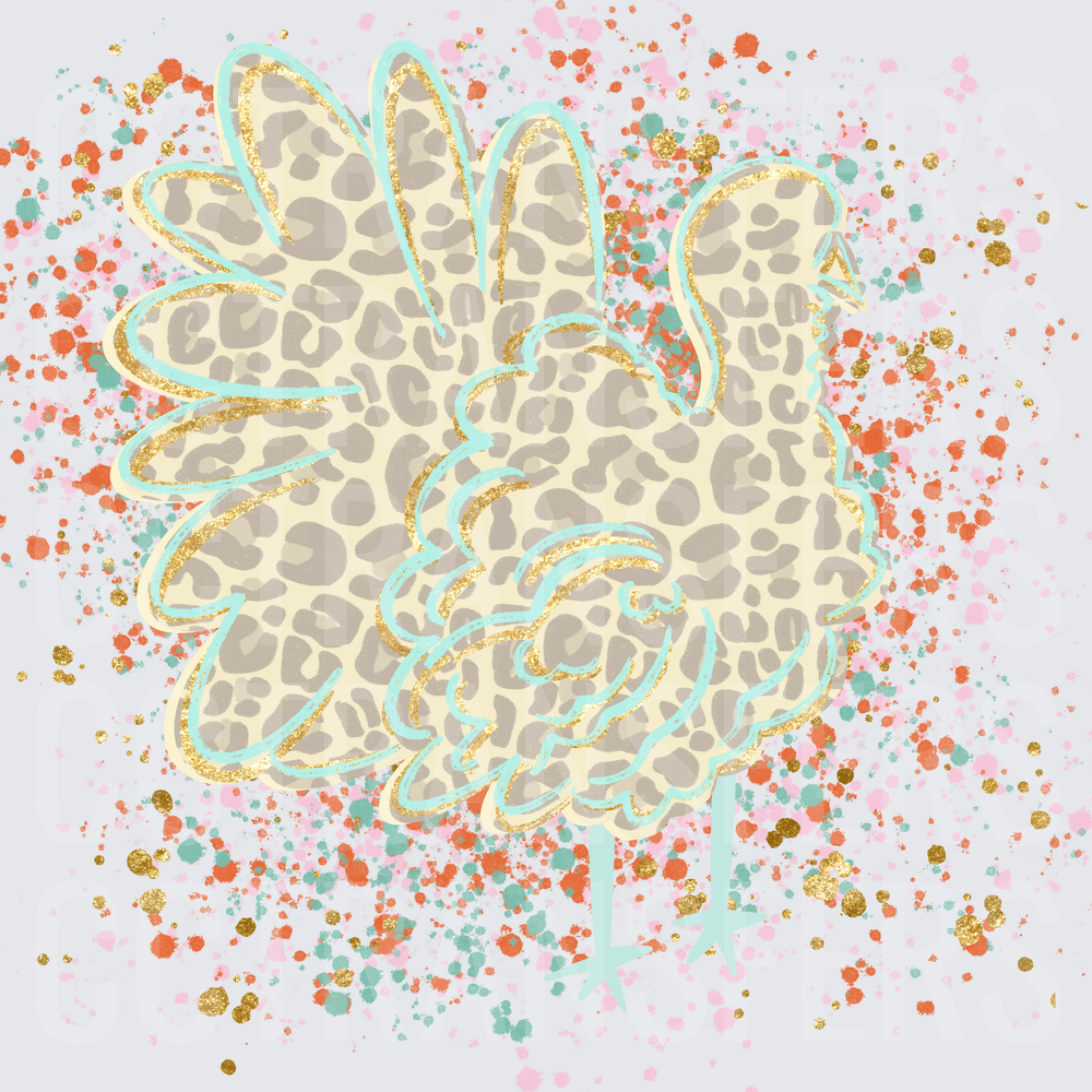 Leopard Print Turkey with Gold Teal Confetti Splatter (DTF)