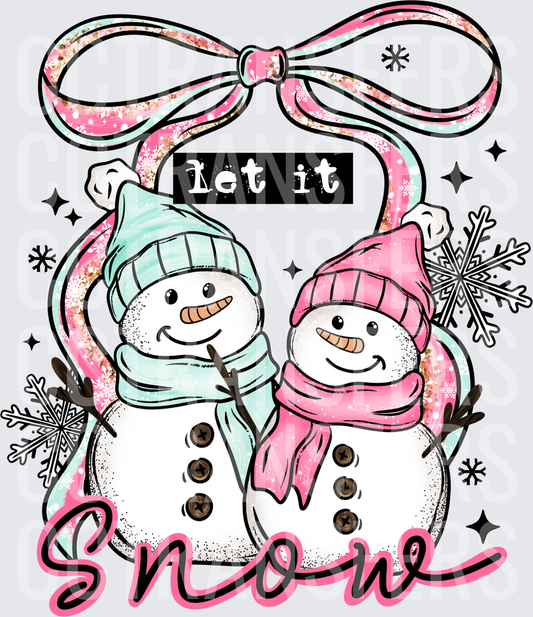 Let It Snow Snowman Couple Pink Mint Bow Winter (DTF)