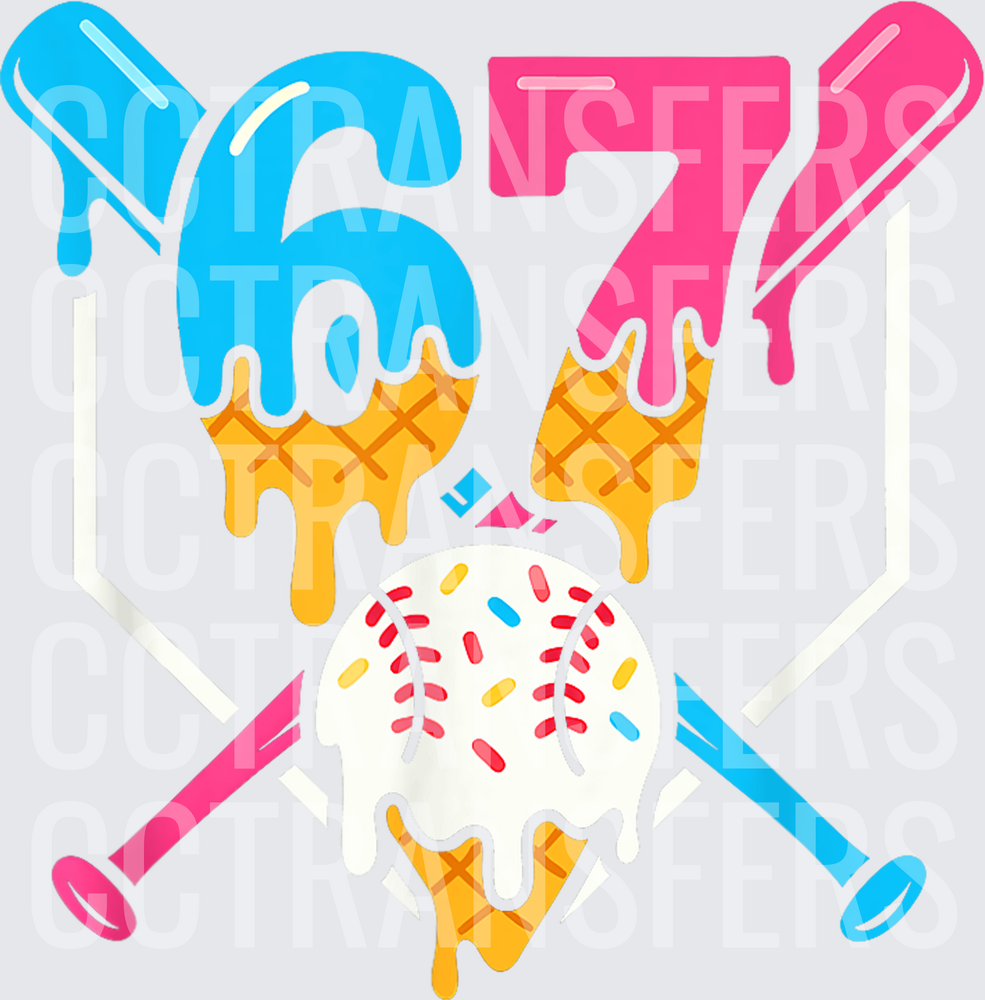 Blue Pink Number 67 Ice Cream Cones Crossed Baseball Bats (DTF)