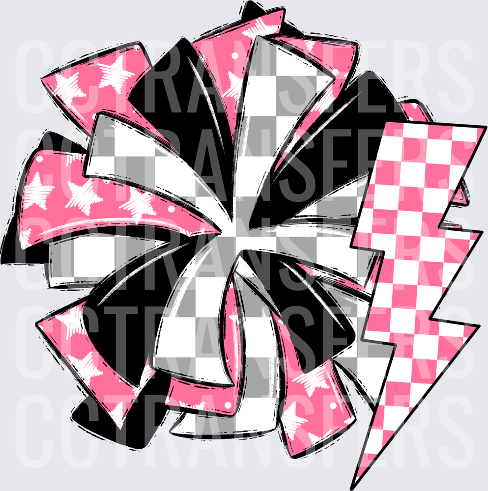 Pink Black Checkered Cheer Pom Pom with Lightning Bolt (DTF)