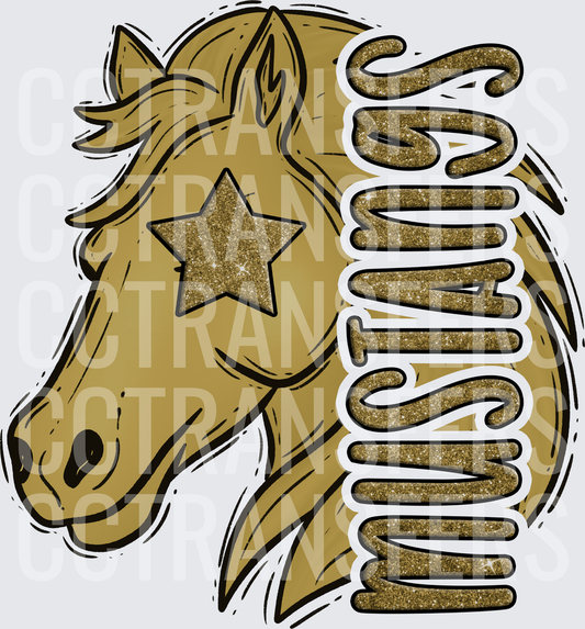 Gold Glitter Mustangs Horse Head with Star (DTF)