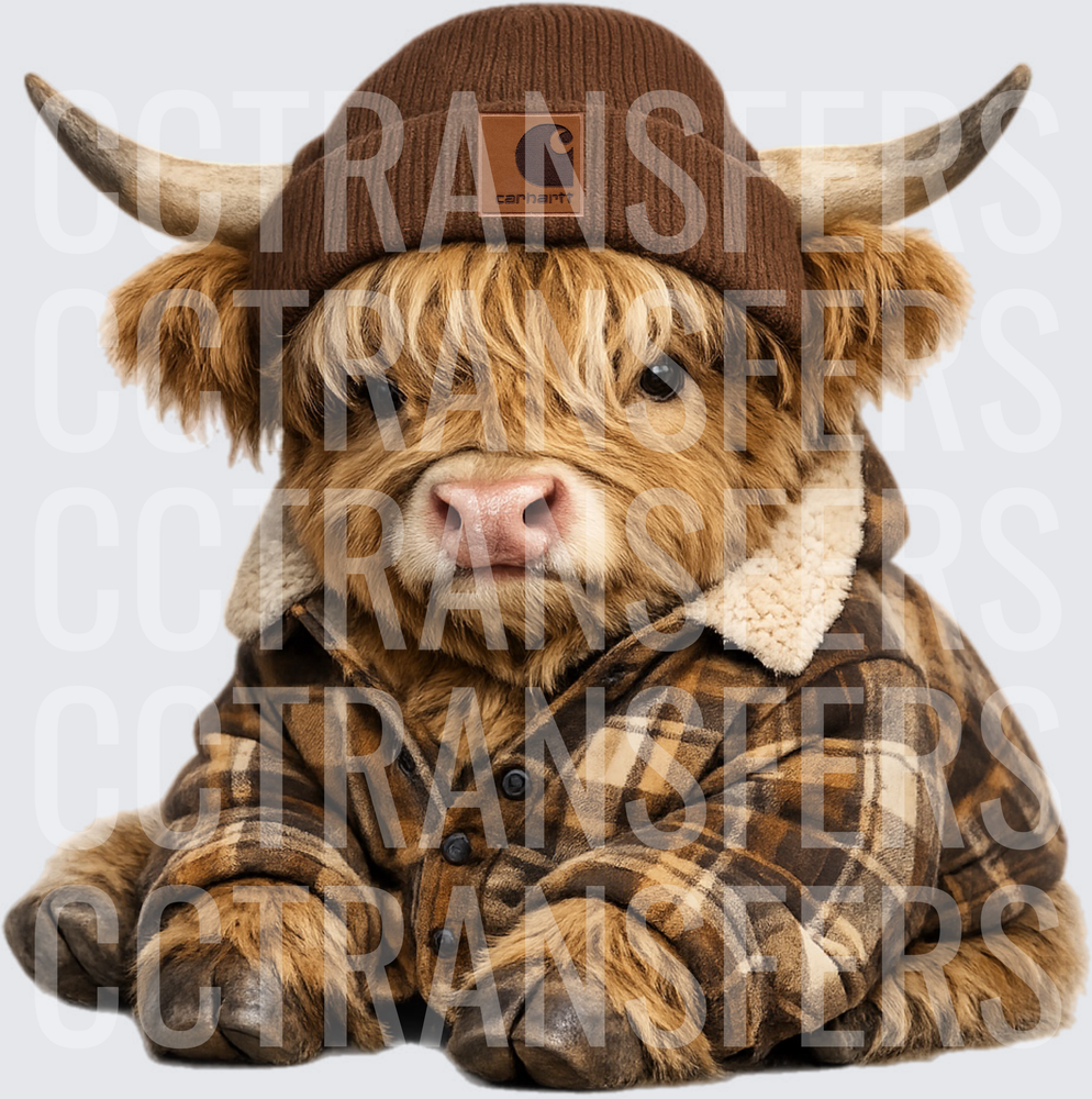 Fluffy Highland Calf in Plaid Jacket and Brown Beanie (DTF)