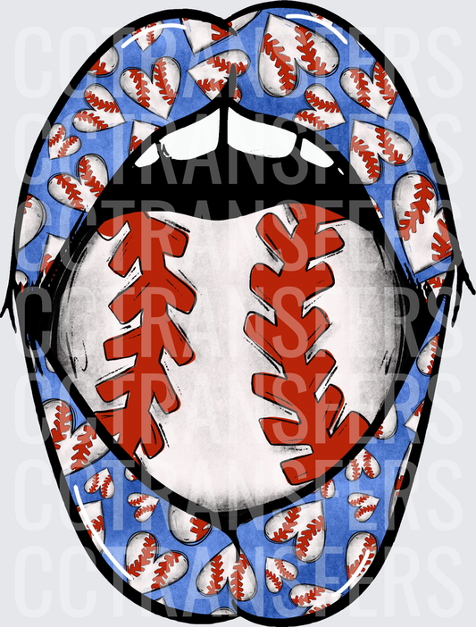 Baseball Heart Lips Open Mouth Blue Pattern (DTF)