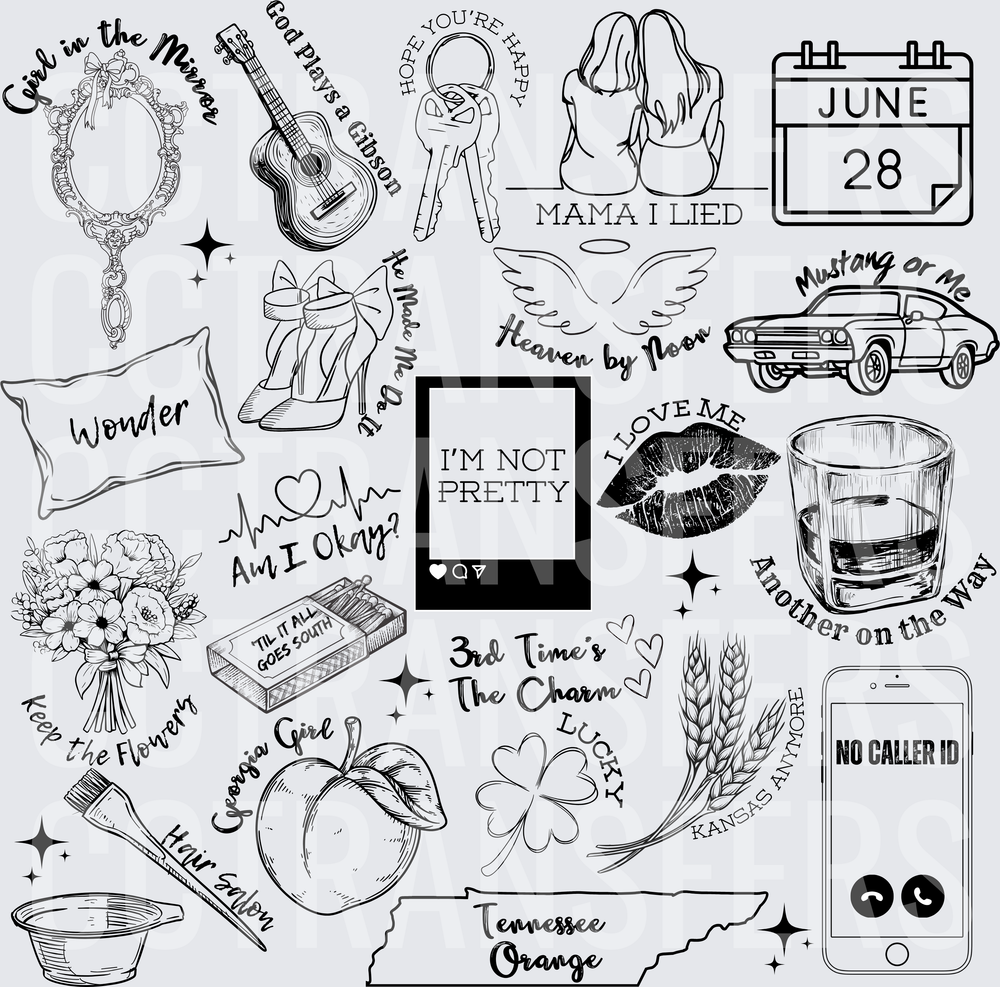 Country Music Song Lyrics Doodle Bundle Black & White (DTF)