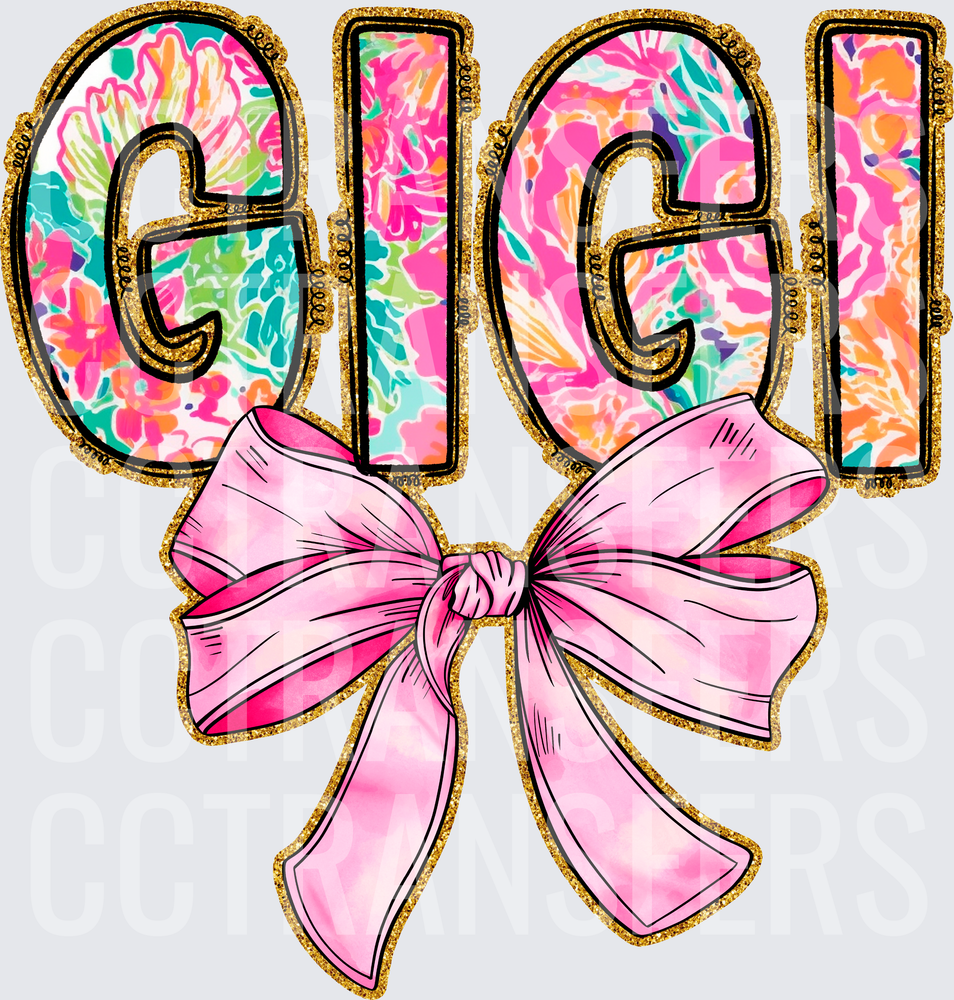 Gigi Floral Patterned Letters Gold Glitter Pink Bow (DTF)