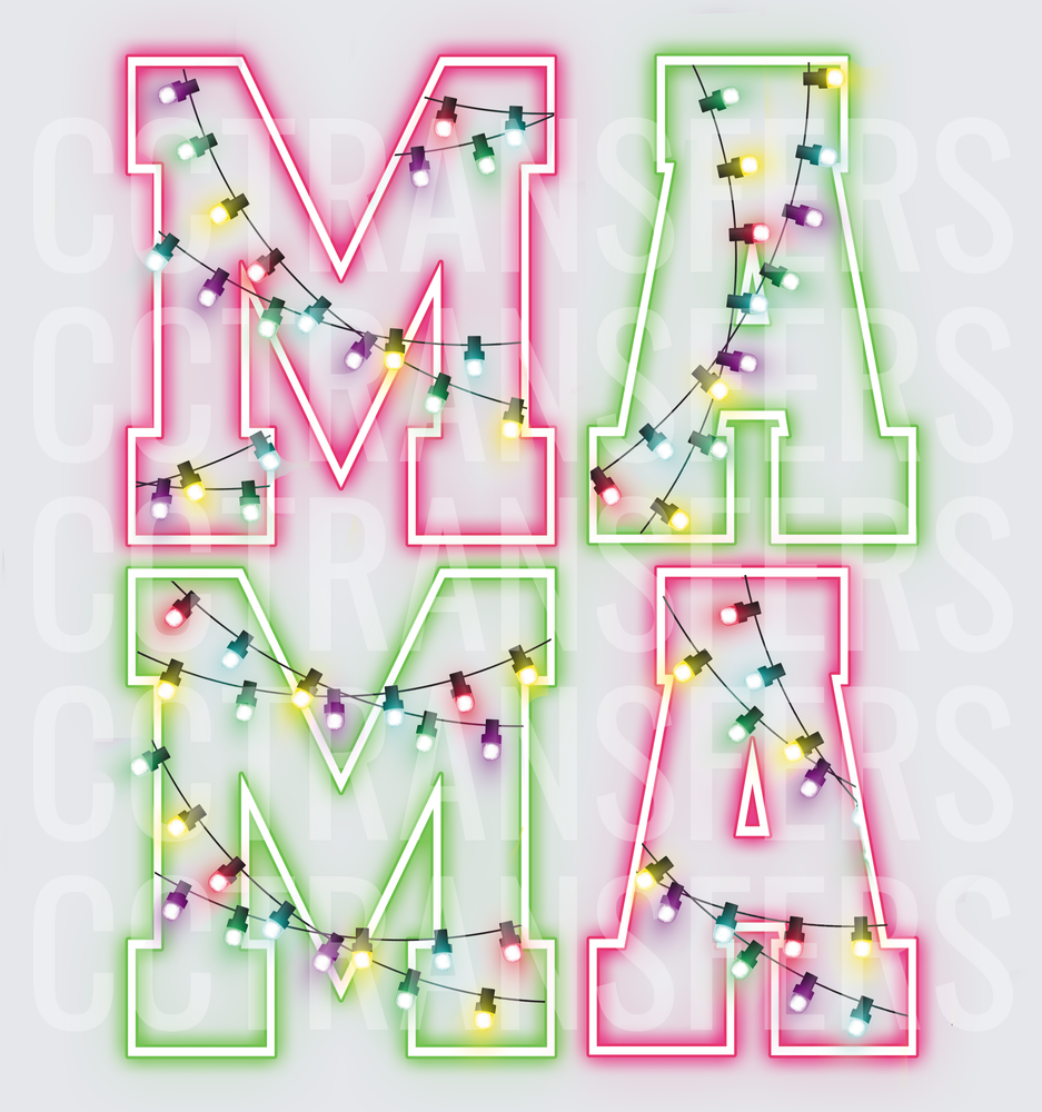Mama Christmas Lights Neon Glow Block Letters (DTF)