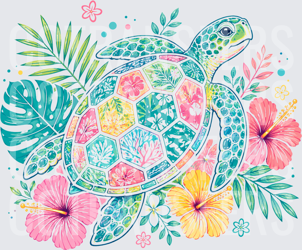 Tropical Sea Turtle Floral Patchwork Shell Design (DTF)