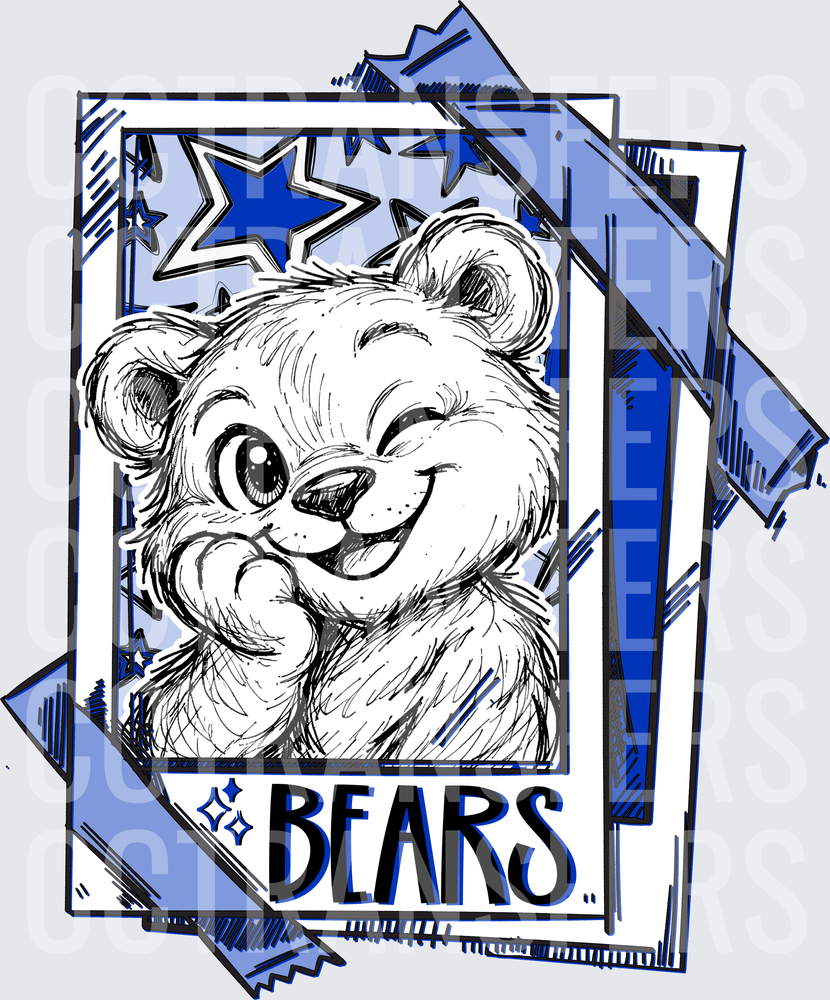 Smiling Cartoon Bear Sketch Blue Stars Bears Card DTF