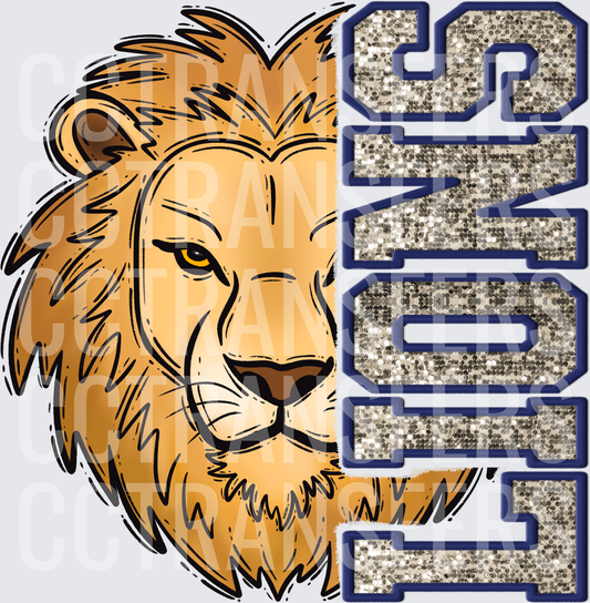 Lions Mascot Head Glitter Varsity Letter Design (DTF)