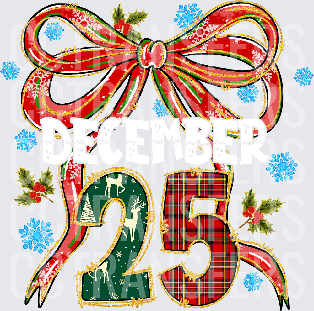 December 25 Christmas Bow Holly Snowflakes Plaid Design (DTF)