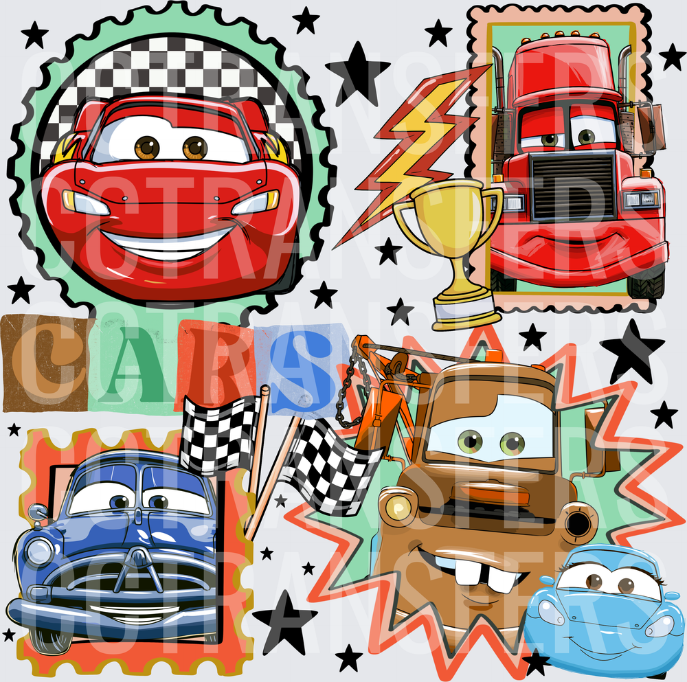 Animated Racing Cars Character Collage Stamp Set (DTF)