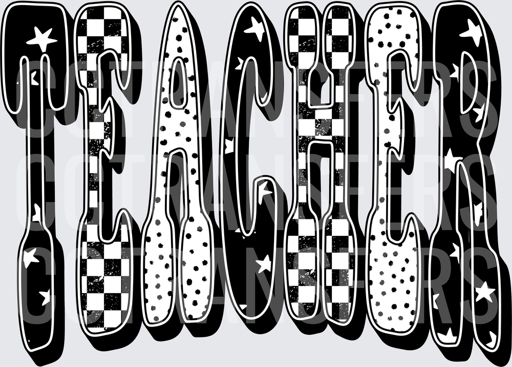 Bold Retro TEACHER Text Checkered Polka Dot Stars (DTF)