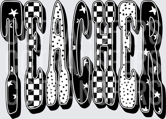 Bold Retro TEACHER Text Checkered Polka Dot Stars (DTF)