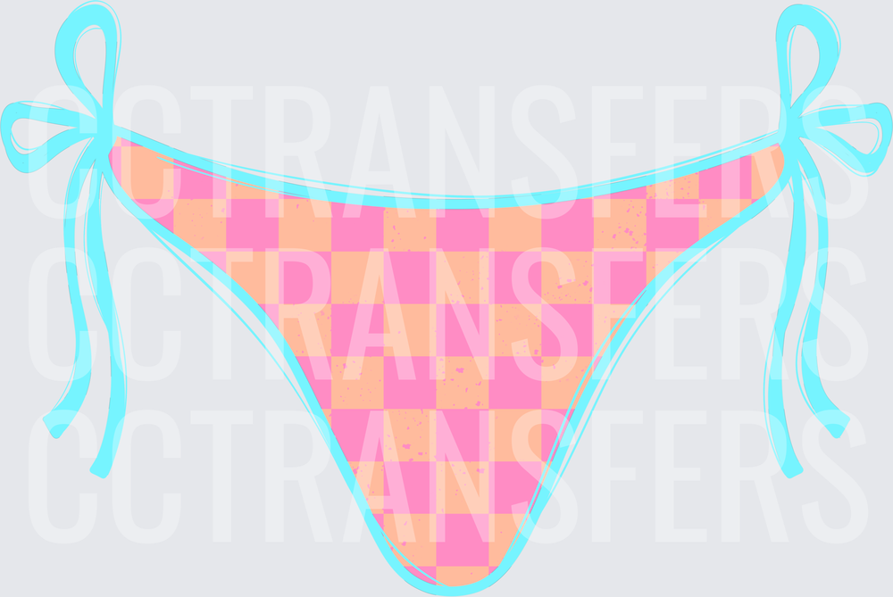 Pink Orange Checkered Bikini Bottom with Aqua Tie Bows (DTF)