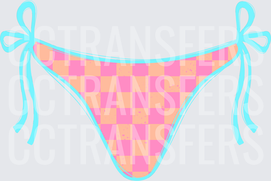 Pink Orange Checkered Bikini Bottom with Aqua Tie Bows (DTF)