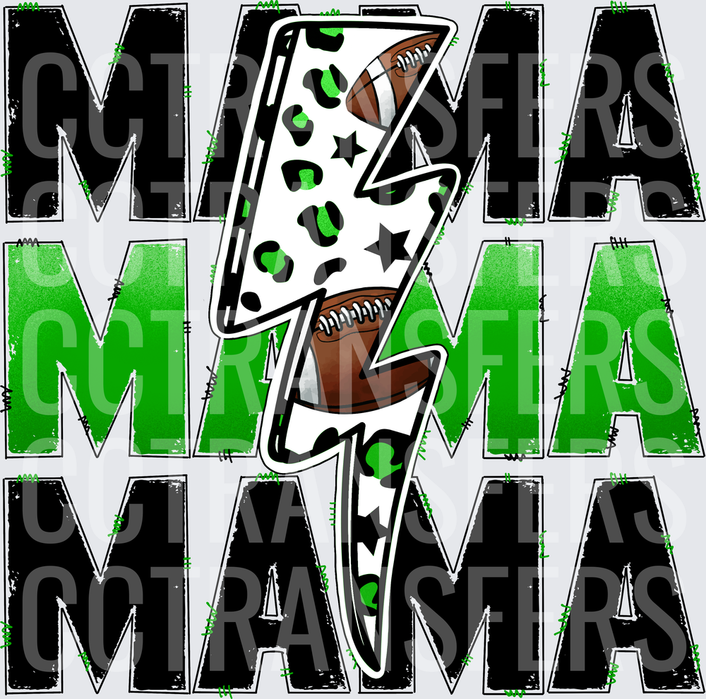 Football Mama Stacked Leopard Lightning Bolt Green Black (DTF)