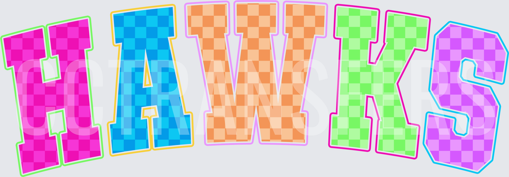 Colorful Checkered Varsity HAWKS Arched Letter Design (DTF)