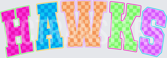 Colorful Checkered Varsity HAWKS Arched Letter Design (DTF)