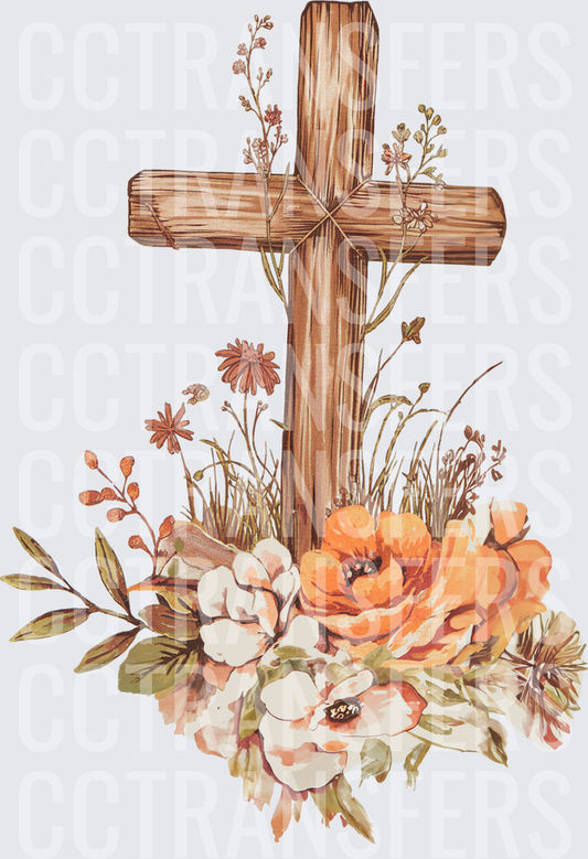 Rustic Wooden Cross with Wildflowers and Poppies (DTF)