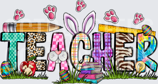 Easter Teacher Bunny Ears Mixed Pattern Letters (DTF)