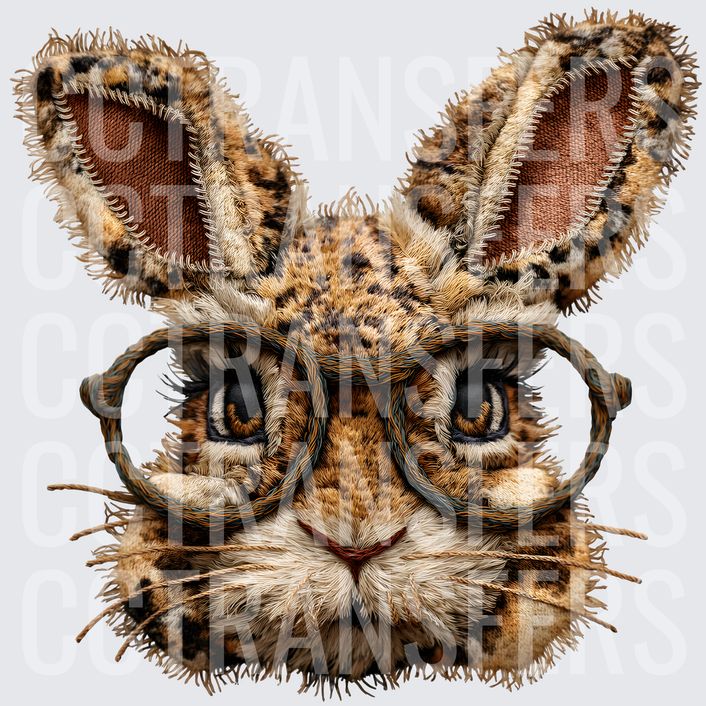 Embroidered Leopard Bunny Face with Round Glasses (DTF)