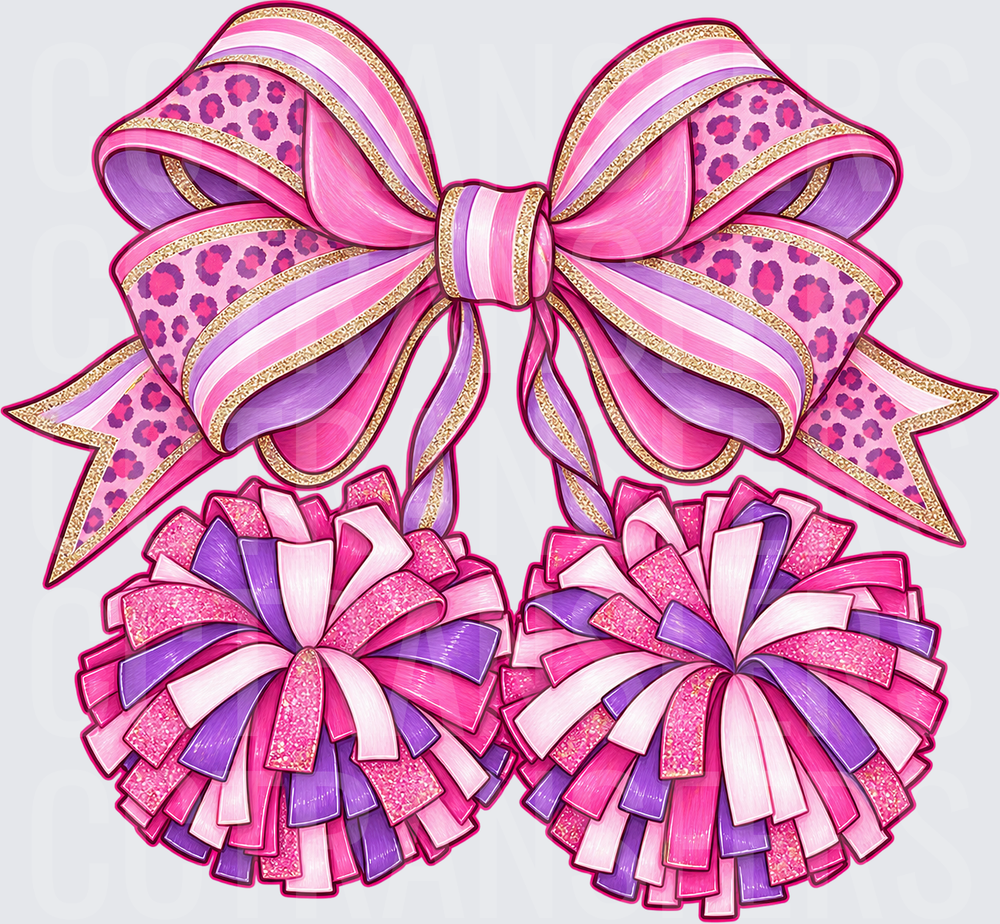 Pink Purple Leopard Cheer Bow with Glitter Pom Poms (DTF)