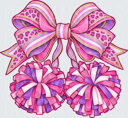 Pink Purple Leopard Cheer Bow with Glitter Pom Poms (DTF)