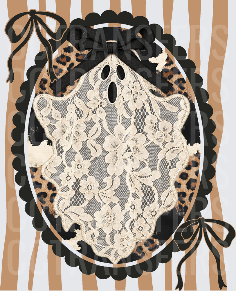 Lace Ghost Leopard Cameo Frame with Black Bows (DTF)