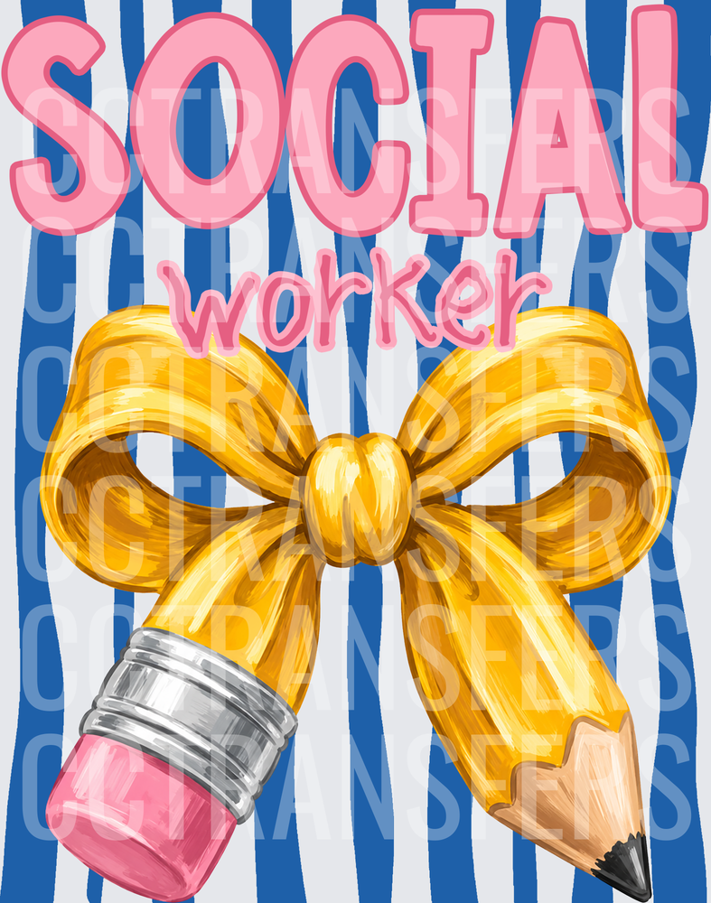 Social Worker Gold Bow Pencil Blue Stripe (DTF)