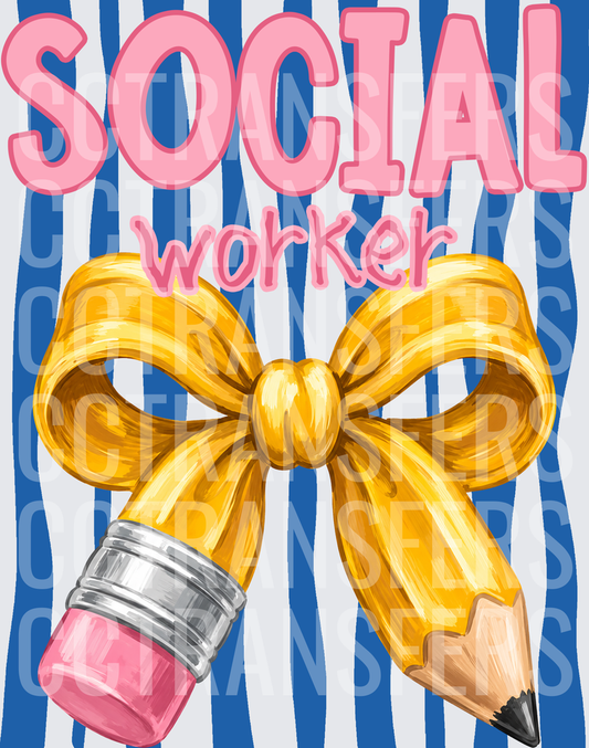 Social Worker Gold Bow Pencil Blue Stripe (DTF)