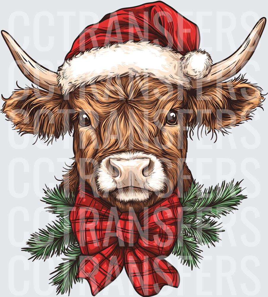 Fluffy Horned Cow Santa Hat Plaid Bow Pine Sprigs (DTF)