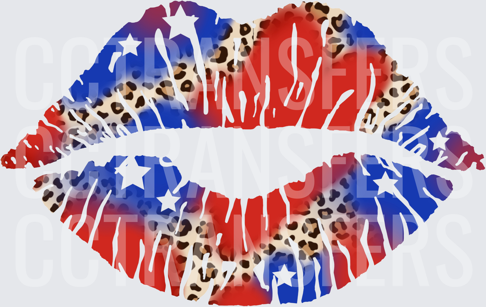 Patriotic Leopard Print Lips Red White Blue Stars (DTF)