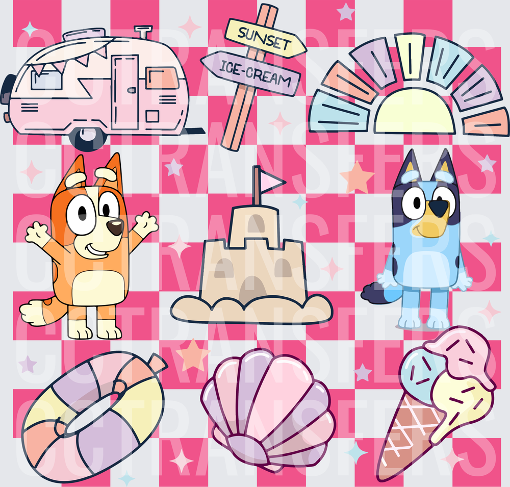 Cartoon Dogs Summer Beach Checkerboard Collage (DTF)