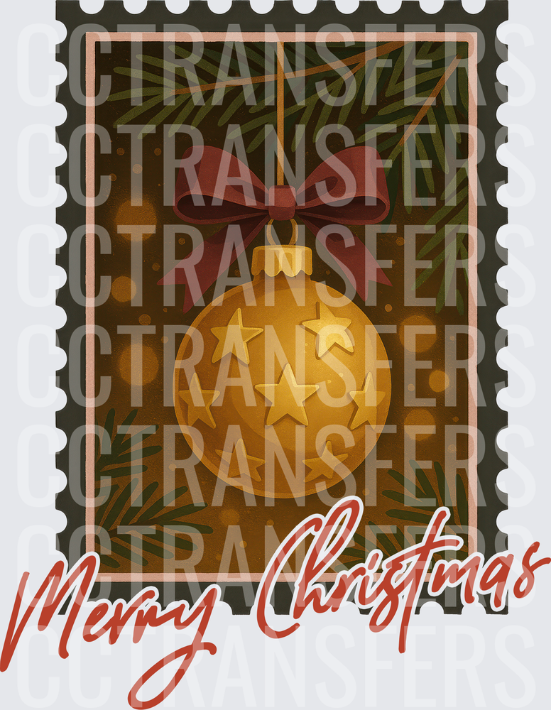 Merry Christmas Vintage Stamp Gold Ornament Pine (DTF)