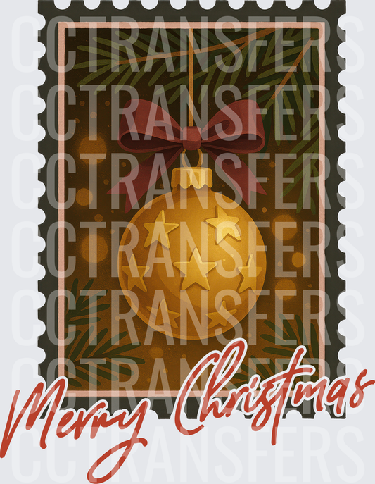Merry Christmas Vintage Stamp Gold Ornament Pine (DTF)