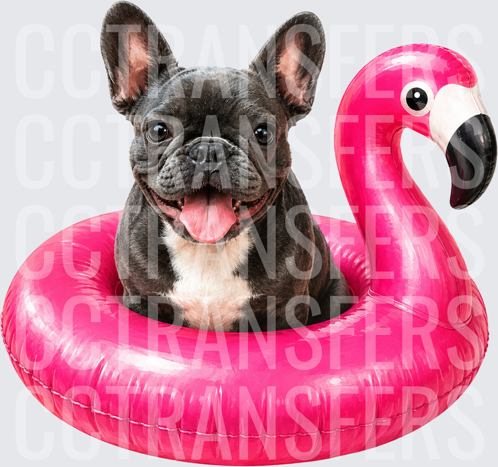 Happy French Bulldog in Pink Flamingo Pool Float (DTF)