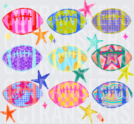 Colorful Patterned Football Collage with Stars (DTF)