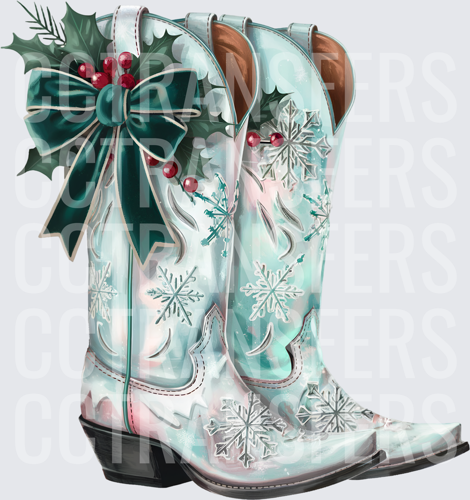 Teal Snowflake Cowboy Boots with Holly Berry Bow (DTF)