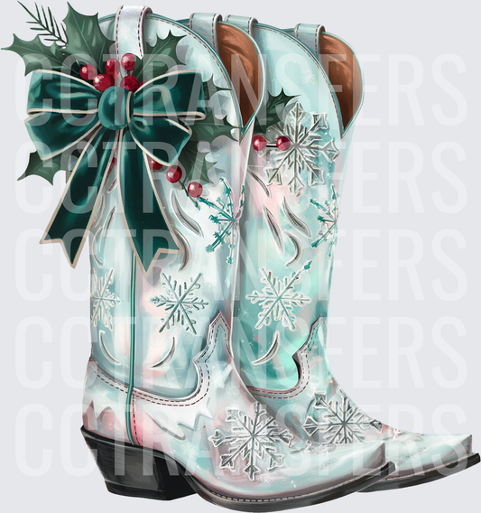 Teal Snowflake Cowboy Boots with Holly Berry Bow (DTF)