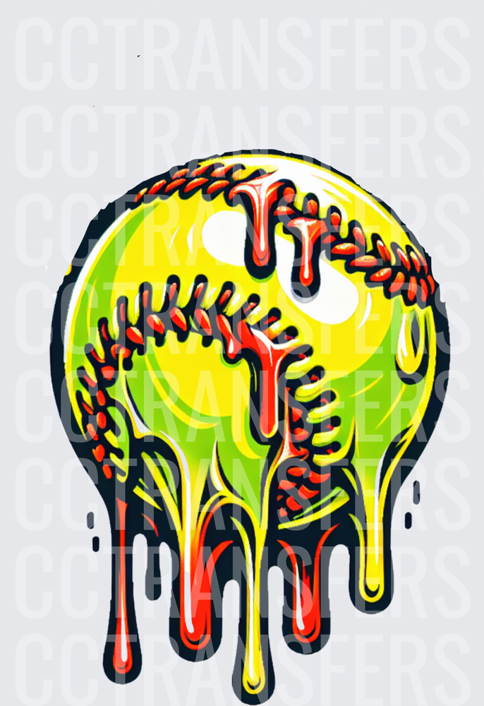 Dripping Melting Neon Yellow Softball with Red Stitching (DTF)