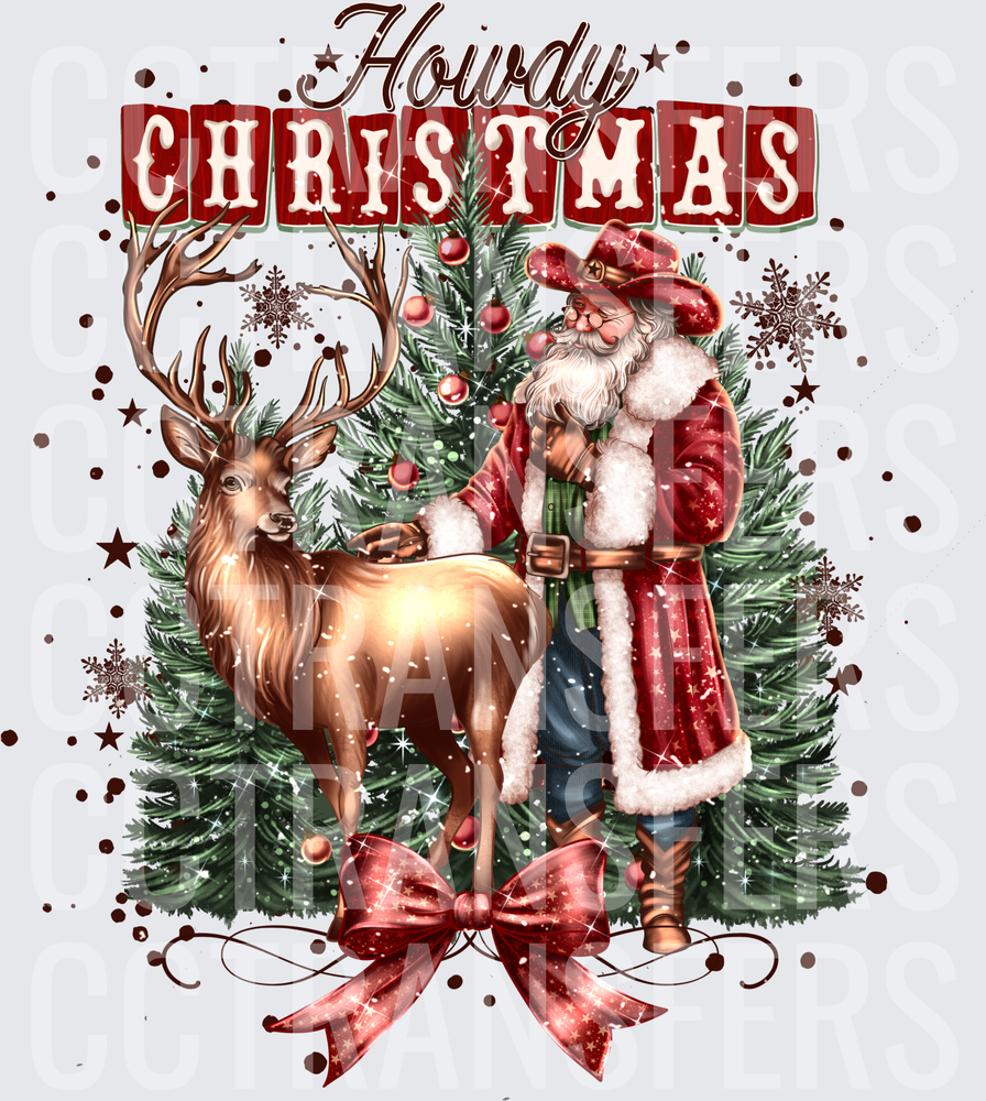Howdy Christmas Western Santa Reindeer Pine Trees (DTF)