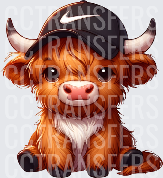 Cute Baby Highland Cow Wearing Black Swoosh Cap (DTF)