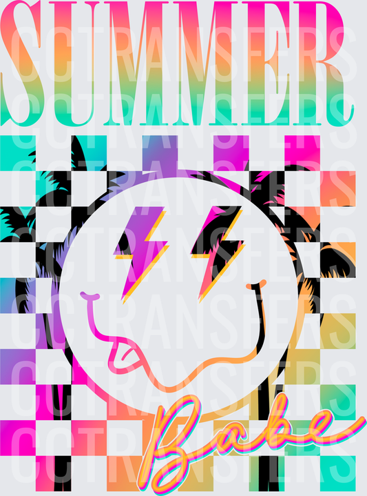 Summer Babe Smiley Face Lightning Bolt Checkered Palm (DTF)